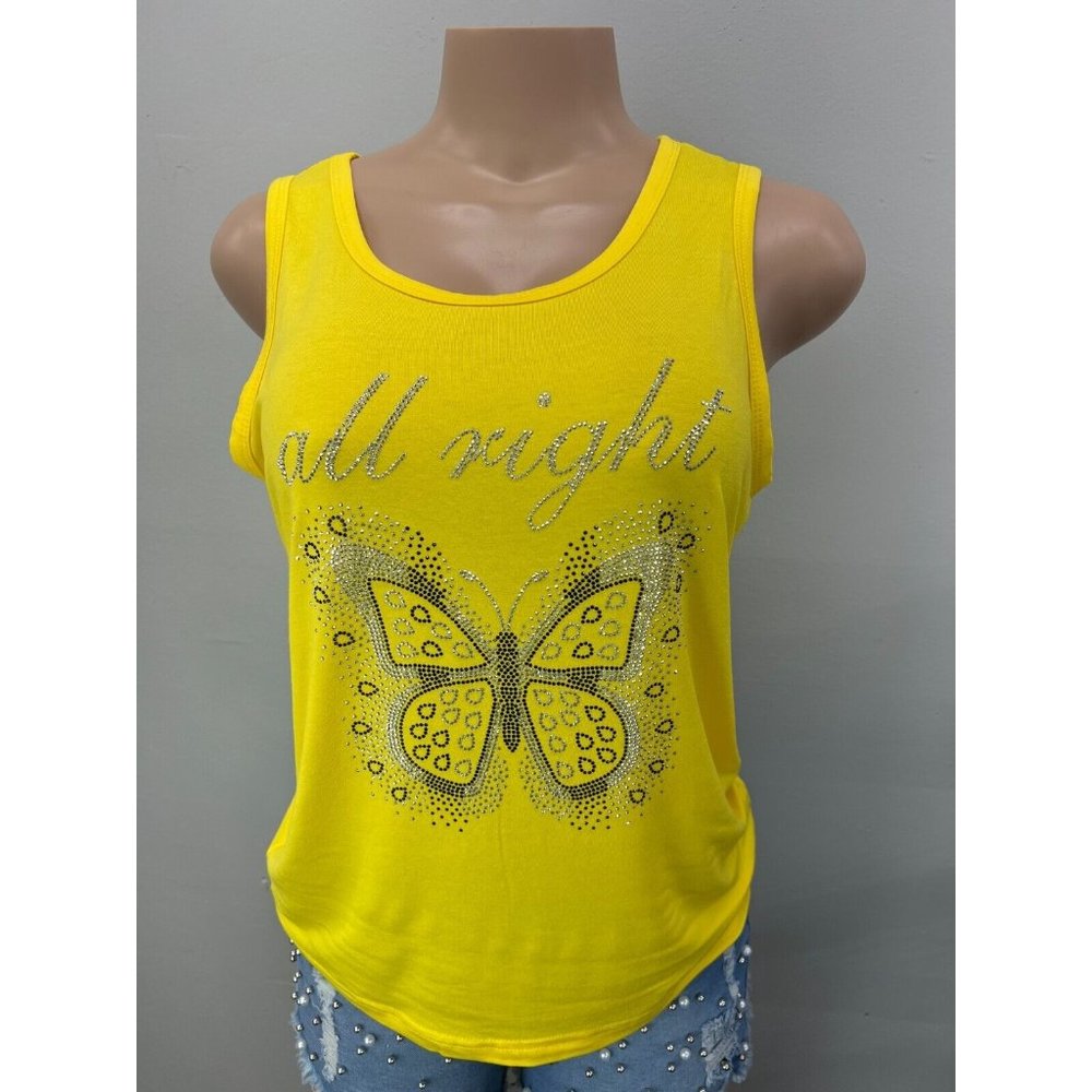 WOMEN Tank Top Shirt Sleeveless Yoga Top Yellow Butterfly Rinestone Design L/XL